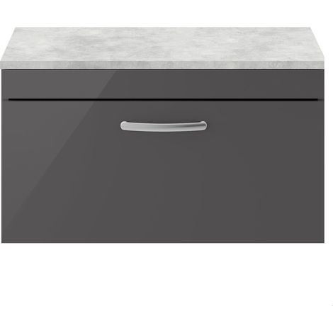 Millwich Contemporary 1 Drawer Wall Hung Vanity Unit with Laminate Black Galaxy Granite Worktop, Gloss Grey, 800mm