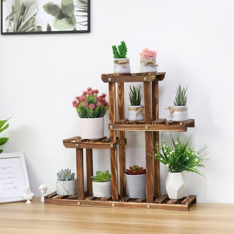 Pine Wood Plant Stand Indoor Outdoor Multiple Flower Pot Holder Shelf Rack Higher and Lower Planter Display Shelving Unit in Garden Balcony Patio (1/5)