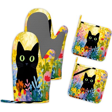 Ensembles de 4 Gants de Cuisine Et Maniques en Silicone Résistant à la Chaleur Chat Noir Gants de Cuisine Maniques pour la Cuisson Les Grillades et La Pâtisserie pour la Décoration de Cuisine (1/5)