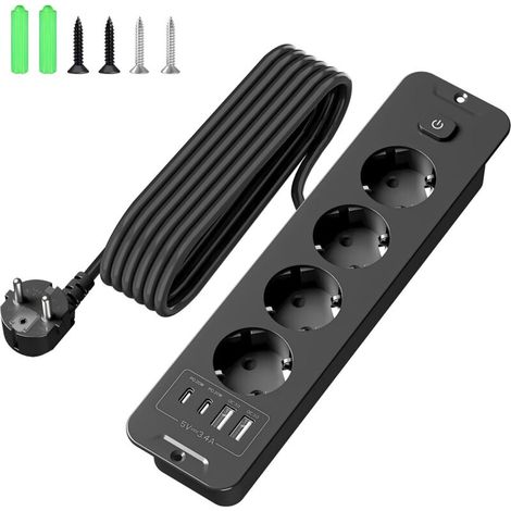 Prise Encastrable Escamotable - 8 Sorties Dont 4 USB - Câble 2m - Pour Cuisine Et Bureau
