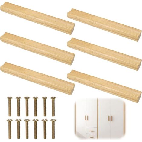 6 Pièces Poignée Meuble Bois 160mm, Poignee de Meuble Cuisine Bois, Cuisine Poignées de Tiroir en bois avec Vis, pour Portes, Tiroirs, Armoires (1/5)