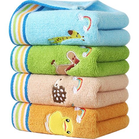 Gant De Bain Enfant - Serviette Visage 100 % Coton - Dimensions 25 x 50 cm - Motifs Animaux Colorés - Lot De 4 (1/5)