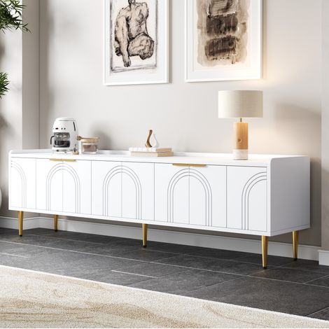 Mobile TV 170 cm bianco MDF con ante scolpite, piedini in metallo e passacavi (1/5)