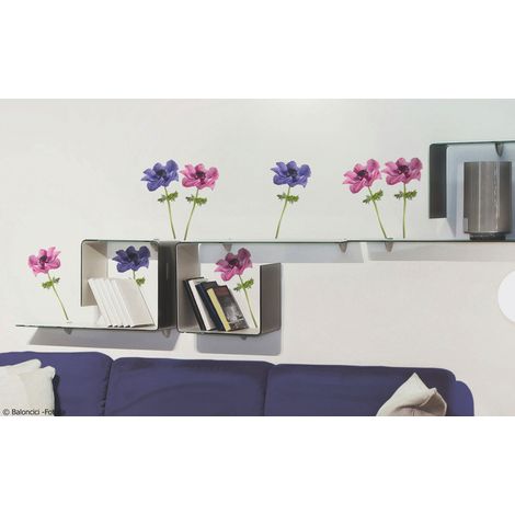 Sticker autocollant décoratif x2, 30 cm X 21 cm, 5 roses et 5 violettes, photo d'anémones, décoration murale, décoration intérieure. (1/2)