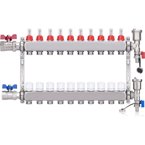 Kit Collecteur Radiateur, 10 Circuits Distributeur Chauffage, avec Vannes à Boisseau Sphérique 1", avec Purgeur Manuel et Débitmètre, Raccords pour Eurocône 3/4, Distributeur HKV