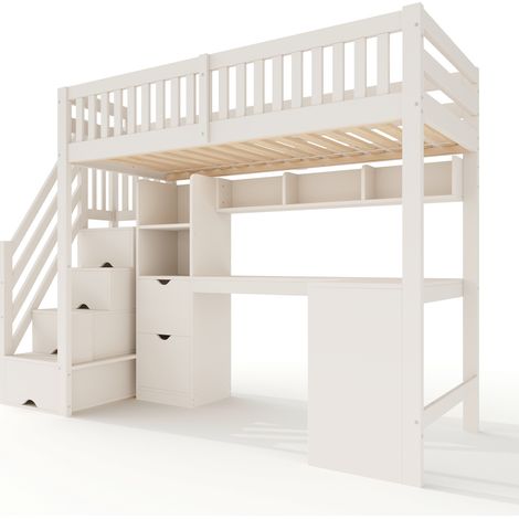Cama alta infantil 90x200 cm blanca con escalera, escritorio esquinero y cajones HOMVRA (1/5)