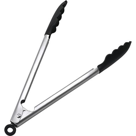 2-teilige schwarze Küchenzange, 23 cm, aus Edelstahl und Silikon, zum Grillen, für Salate und zum Servieren, mit kratzfesten Spitzen und Griffen aus Silikon (1/5)