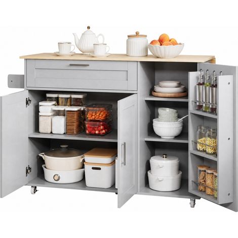 Chariot de cuisine pliant sur roulettes, plateau extensible effet bois, meuble de rangement multifonction avec tiroirs, placards et porte-essuie-tout – CHICFURN (1/5)