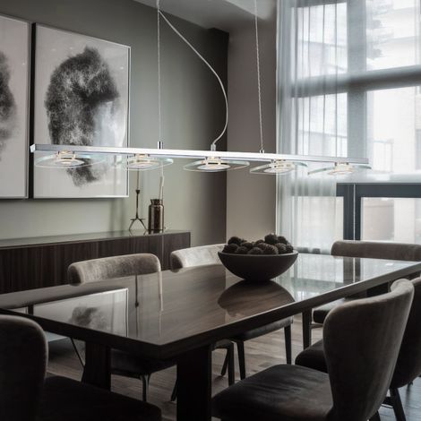 Lampada a sospensione in vetro per sala da pranzo a sospensione moderna cromo, metallo, 5x LED 4,5W 382Lm bianco caldo, LxLxH 90x13x150 cm