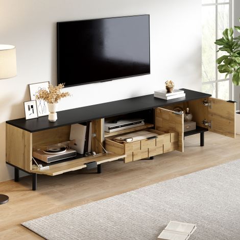 Meuble TV Mosaic, Banc TV bas, 2 portes et 1 tiroir, Console multimédia pour salon, Finition aspect bois, Panneaux de particules, Pieds en métal, Compartiment ouvert