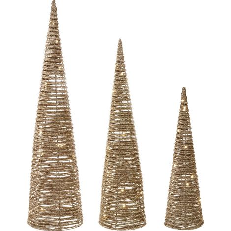 Weihnachtsdekoration 3er Set LED TUELSO Weihnachtsbaum 60/80/100 cm Gold