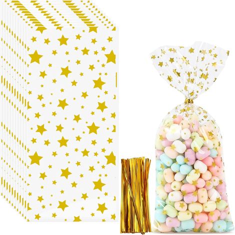 100 bolsas para galletas navideñas, 100 bolsas y 200 cintas doradas, para guardar dulces, galletas, chocolate, bizcochos y frutos secos. (1/5)