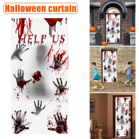 Rideau De Fenêtre Halloween - Empreintes Sanglantes Et Silhouettes Sombres - Décoration Porte Et Vitrage Effet 3d - Taille 30x60 Pouces (1/5)