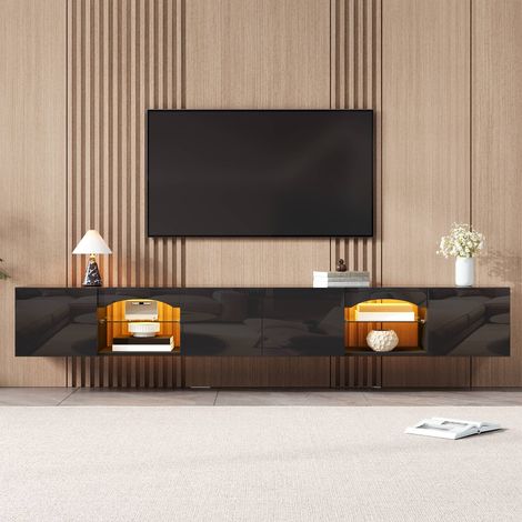 Meuble TV LED 200 cm, banc TV brillant avec 4 portes, tablettes en verre et contrôle app, panneaux de particules, noir (1/5)