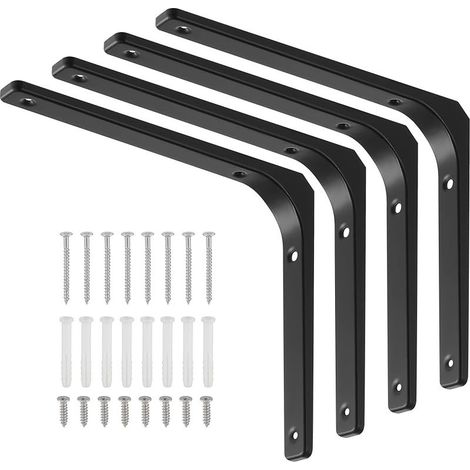 4 Pièces Équerre Étagère de Fixation Noir, Supports D'étagère Murale, Équerre Murale en Forme de L avec Vis et Ancrages Assortis, Capacité de Charge Maximale de 70kg (250 x 300 mm) (1/5)