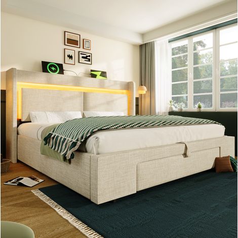 Letto matrimoniale 160x200 cm in tessuto beige, contenitore camera, senza materasso - FLORAGRACE (1/5)