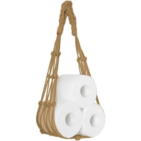 Solution de rangement peu encombrante, porte-papier toilette en corde de coton tissée à la main, bâtons en bois naturel (marron) (1/3)