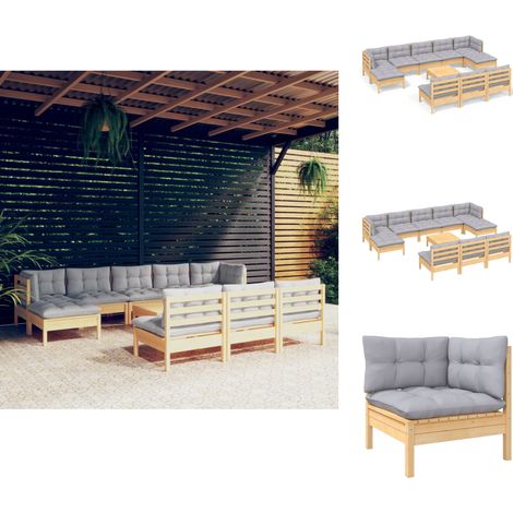 Gartenmöbel-Sets - Living 11-tlg. Garten-Lounge-Set mit Grauen Kissen Kiefernholz (1/5)
