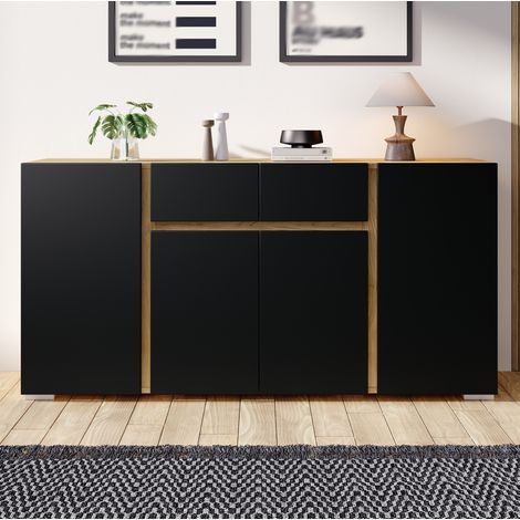 Madia 140x35x70 cm in MDF nero effetto legno, 4 ante, contenitore – MEUBLIV (1/5)