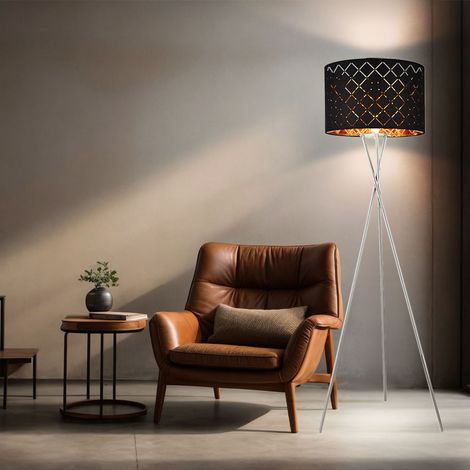 Stehlampe Textilschirm schwarz gold Beistellleuchte 3 Bein Stativleuchte Textil, Nickel matt, E27 Fassung, DxH 62x158 cm
