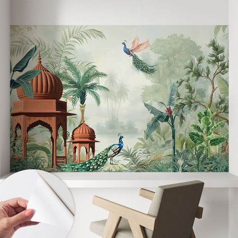 Papier peint adhésif décoratif pour chambre et salon Design moderne à poser facilement Jardins de paons 104x70 cm (1/5)