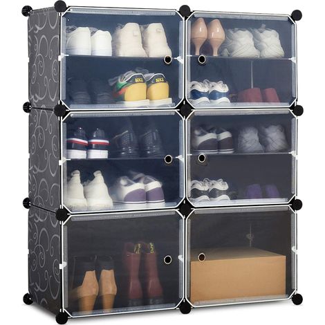 Rangement Chaussure, Armoire à Chaussures, Étagère à Chaussures avec 6 Cubes en Plastique, Meuble à Chaussure pour Bottes, Boite à Chaussures Empilable Transparente, 83x31x93cm, Noir (1/5)