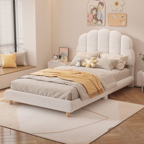 Letto per bambini moderno 90x200 cm in peluche bianco con testiera sagomata e rete a doghe (1/5)