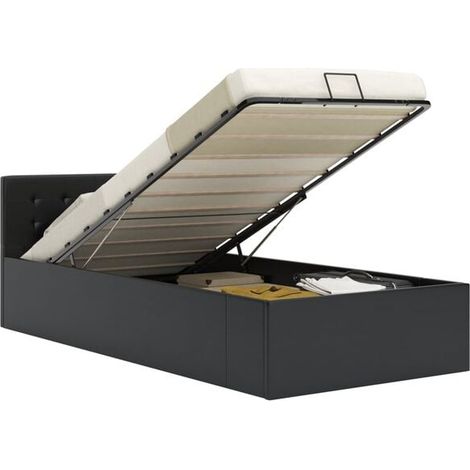 Cadre de lit coffre hydraulique, similicuir noir, 90 x 200 cm (1/5)