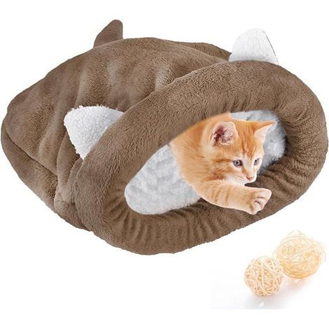 Cozy Cat Sleeping Bag: Soft Polar Pet Bed with Washable Blanket & Mat in Coffee Brown (1/5)