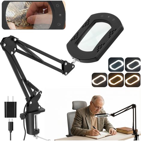 Loupe à pince avec éclairage 10x, loupe sur pied en verre véritable avec éclairage, 5 modes de couleur et lampe de table LED à intensité variable (1/5)