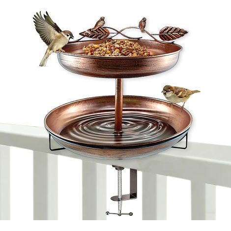 Comedero y bebedero colgante para pájaros 2 en 1, de hierro fundido con clips ajustables, apto para jardines, terrazas y patios. (1/5)