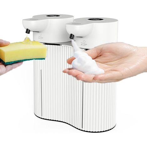 Distributeur de savon automatique mural, sans contact, double tête, mousse et liquide, 4 vitesses réglables, 2 x 414 ml, distributeur de liquide vaisselle rechargeable, idéal pour un usage commercial