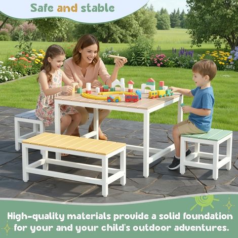 Table pour Enfant Exterieur, Table et chaises en Bois avec Housse étanche, 2 PCS tabourets, idéal pour Les Pique-niques d'exterieur à partir de 3 Ans, Parfait pour Les Jardins, terrasses (1/5)