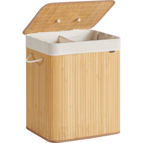 Songmics – Panier à linge en bambou 120 L – 2 compartiments – Sac amovible et lavable – Pliable avec poignées – Pour buanderie et chambre (1/5)