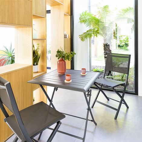 Hesperide – Table de jardin carrée pliante 2 places en aluminium traité époxy – Couleur graphite – Dimensions 71x71x71 cm – Résistante aux intempéries (1/7)