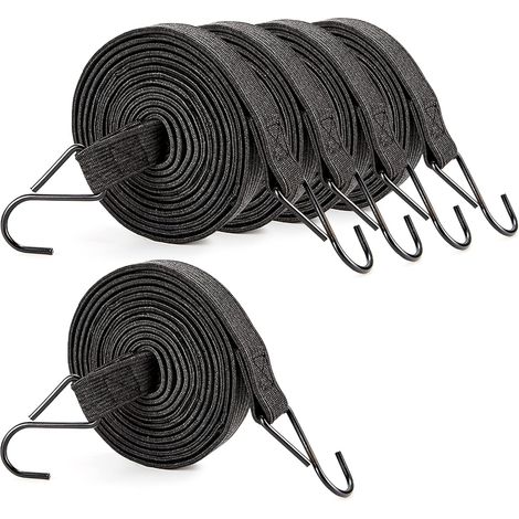 (Noir) Cordon élastique plat avec crochet, 2 m, lot de 5 élastiques extra-résistants pour bâches, camping, voiture, vélo (1/5)
