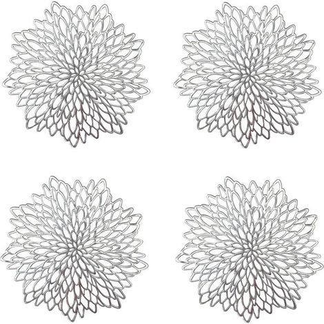 4 Pièces Napperon de Table Argent, Set de Table Rond évidé, Napperons Ronds Tapis de Table en Plastique, Utilisé pour L'isolation Thermique de L'assiette et de la Décoration de Table ( (1/4)