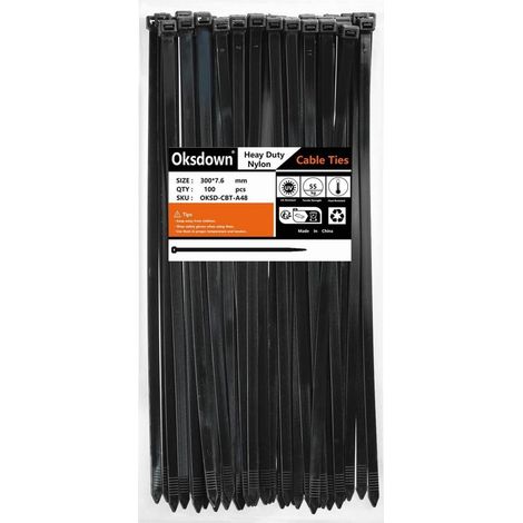 Colliers de serrage noirs 300mm x 7.6mm, lot de 100, résistance 55kg, UV (1/5)