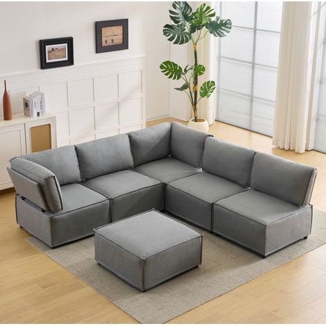 Canapé d’angle modulaire convertible en tissu gris clair, structure en contreplaqué (1/5)