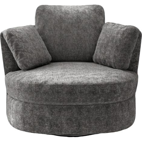 Fauteuil XXL moderne en chenille grise avec coussins séparés et assise élastique – fauteuil pivotant confortable pour salon et chambre (1/5)
