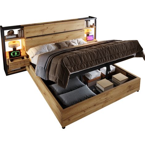 Lit double hydraulique 180x200 cm – Rangement sous lit, tête de lit avec niches et tiroirs, chargeurs USB + Type-C, cadre en bois et métal – Couleur chêne – Sans matelas (1/5)