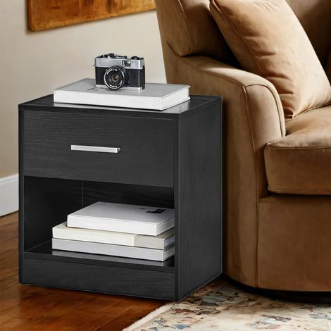 Table de Nuit, Lot de 2, Table d’Appoint, avec Tiroir, Poignée, Compartiment Ouvert, Table Basse, pour Chambre, Salon, Noir (1/5)