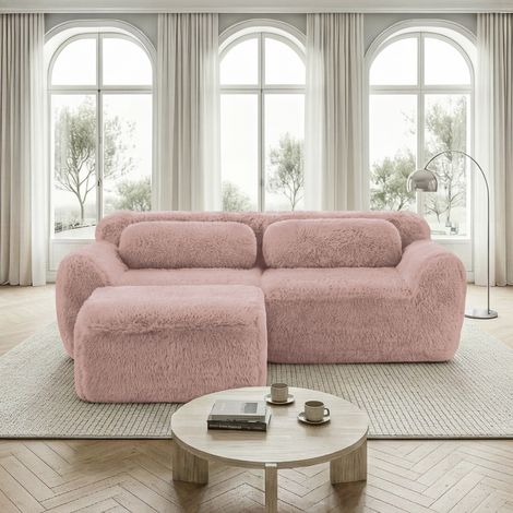 Canapé d’angle 2 places en tissu peluche rosa, modular, sin montaje