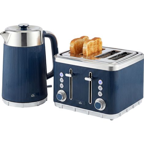 HOMCOM 1.7L 3000W Rapid Boil Kettle and 4 Slice Toaster Set Dark Blue