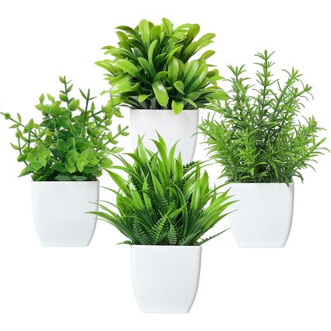 Plantes Artificielles, Petites Plantes Vertes Simulées, Fausses Plantes en Plastique Simulé pour la Décoration d'Intérieur, Balcon, Bureau, Salle de Bain 4 pcs (Blanc) (1/5)