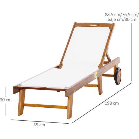 Chaise longue inclinable, transat de jardin, mobilier de jardin, réglable, bois d'acacia, textile, naturel et blanc, 198 x 55 x 30-88,5 cm (1/5)