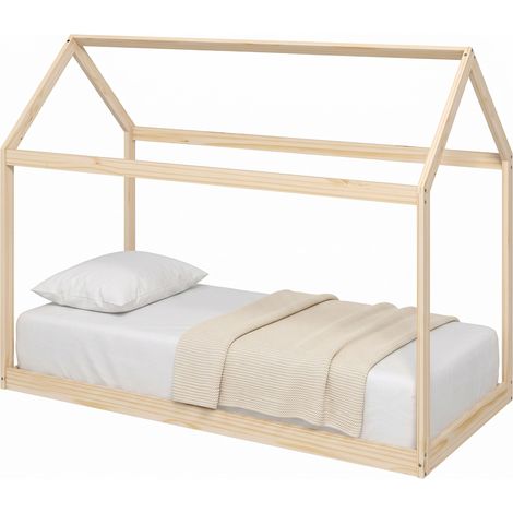 HOMCOM Wooden Single Bed Frame with Tree House Style, Natural Wood Finish (1/5)