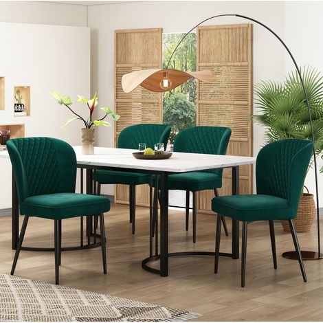 Essgruppe aus MDF in Weiß und dunkelgrünem Samt, 4-Sitzer, modernes Design mit gepolsterten Stühlen (1/5)