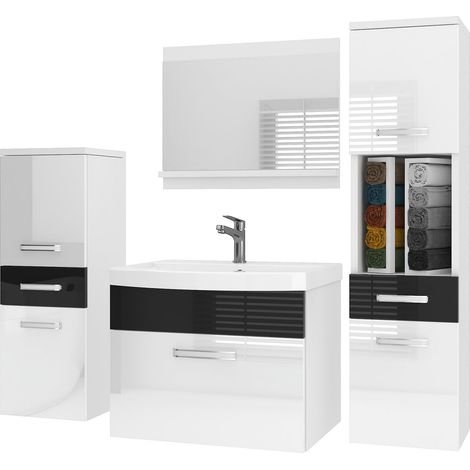 BELINI Badmöbel Set PRI P5 120 cm - Moderner Badschrank mit Waschbecken & Spiegel, Vollausstattung Wandmontage - Weiß/Schwarz Hochglanz (1/5)