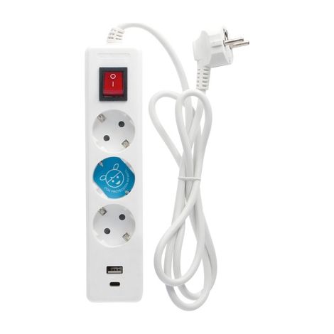 Base múltiple 3T+USB C+A con interruptor (3x1,5mm) con cable de 1,4m fabricada en polipropileno color blanco